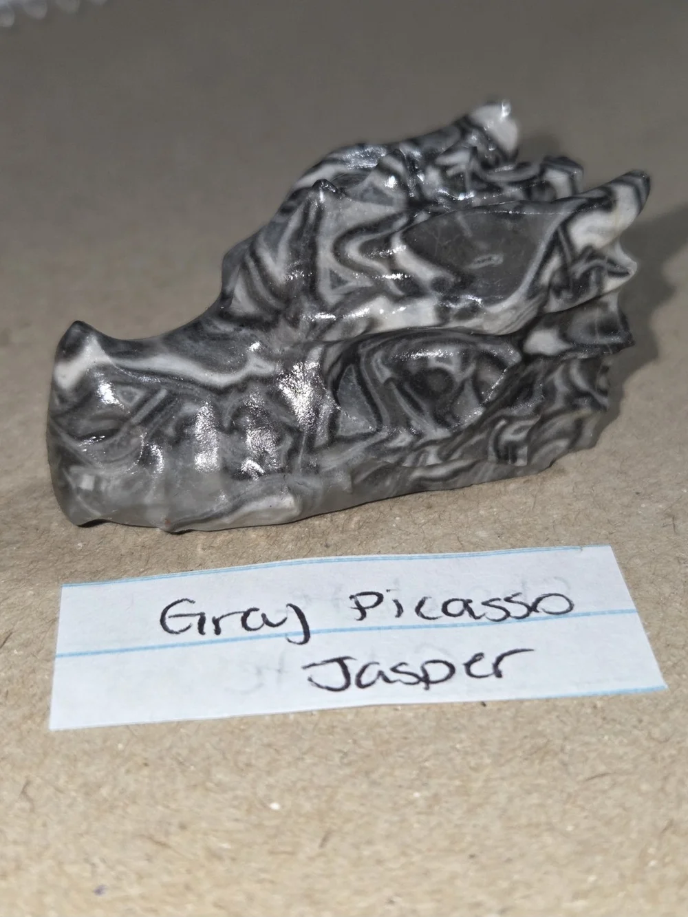 Detailed Picasso Jasper Crystal Carved Dragon Head Stone Sculpture Decor